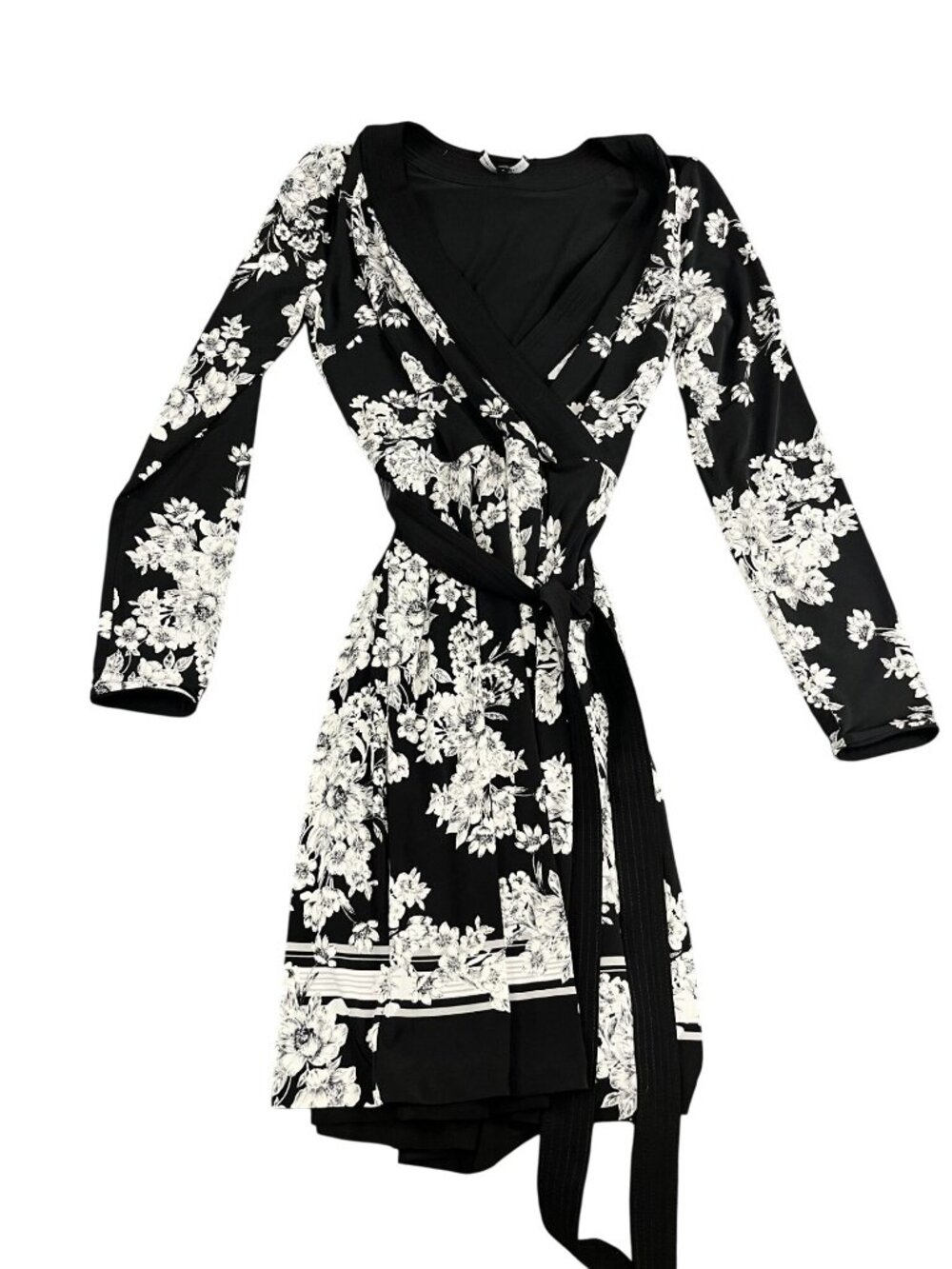 White House Black Market Black & White Floral Wrap Dress Long Sleeve Size 10